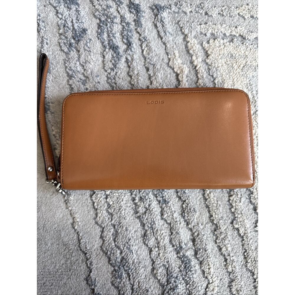 LODIS Tan Leather Zip Around Wristlet Clutch Wallet